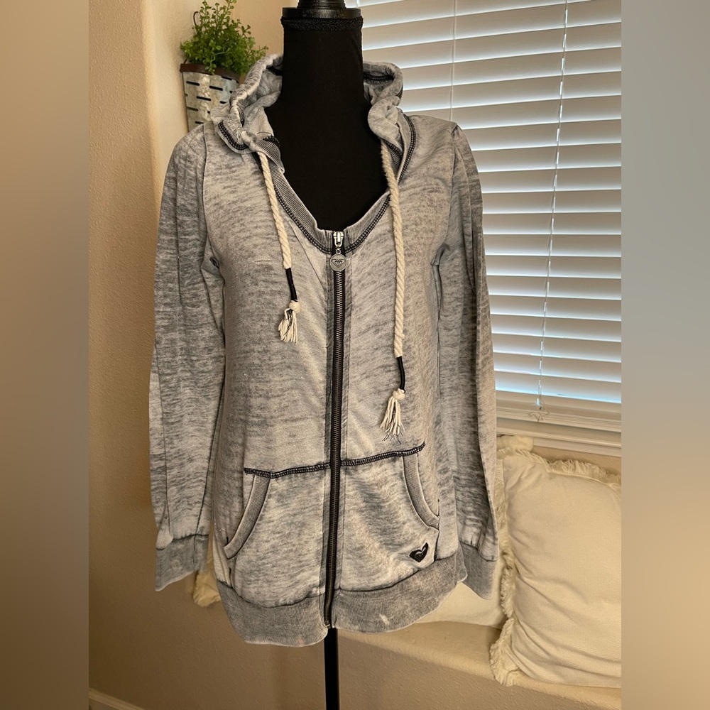 Roxy Heathered Gray Burnout Y2K Hoodie with Drawstrings